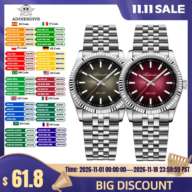 ADDIESDIVE 36mm Men Watch AD2073 BGW9 Luminous Jubilee Strap 10Bar Waterproof Sapphire Glass VH31 Movement Quartz Watches Reloj
