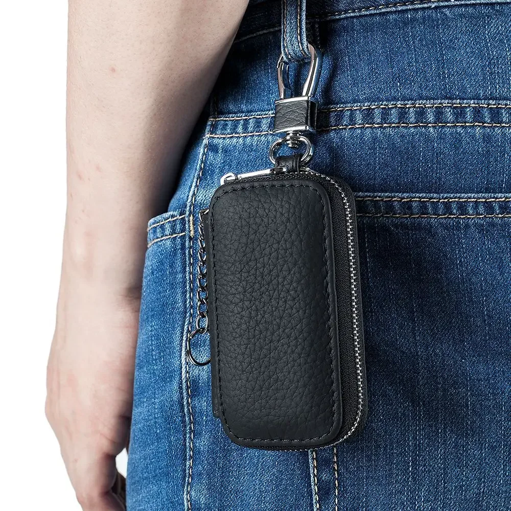 Funda de cuero genuino para llave de coche para mujer, bolso de cuero con patrón de lichi a la moda, diseño de marca de lujo, llavero con cremallera para hombre, novedad de 2023