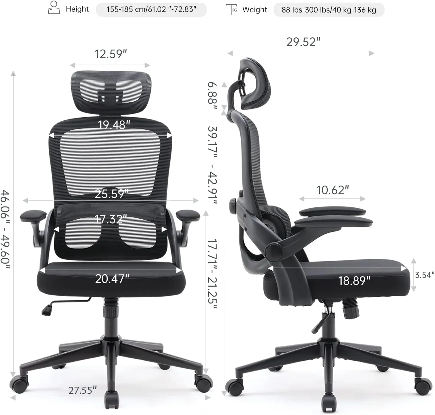 M102C Ergonômica Mesh Office Chair, cadeira de mesa com braços 3D, para cima e para baixo apoio lombar, giratória tarefa do computador