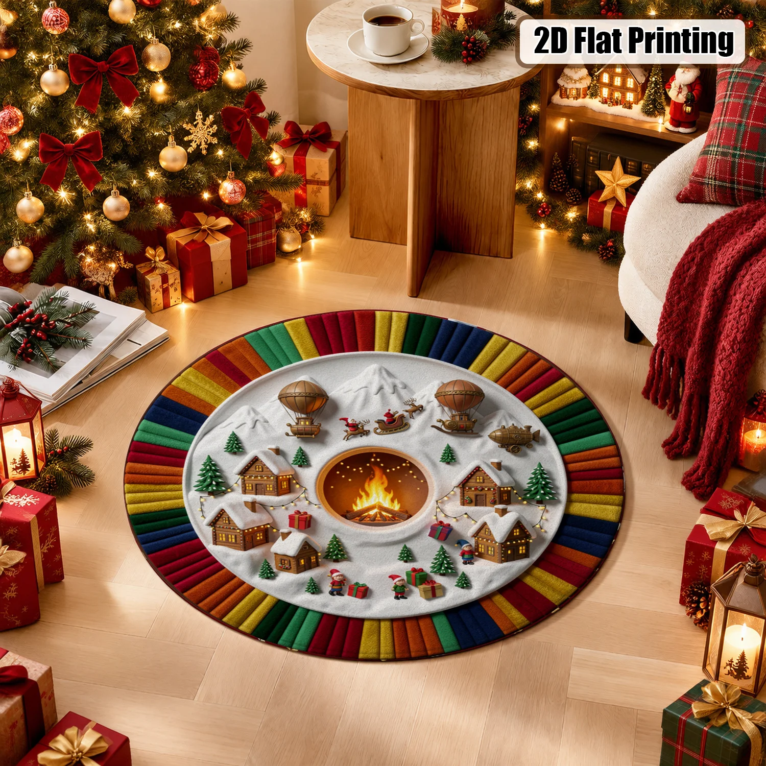 Christmas Winter Village Scene Round Velvet Mat Machine Washable for Living Room Dining Area Entryway Halloween Thanksgiving Black Friday Cyber Monday Christmas New Year Decor