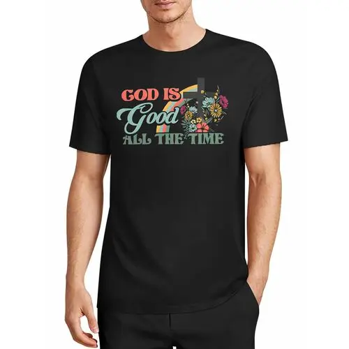 Vintage Rainbow Floral Cross God Is Good All the Time Faith Print Black T-Shirt