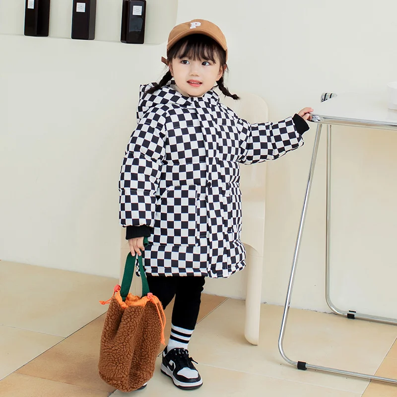 Boys Girls Winter Cartoon Baby Plaid Warmth Fleece Lined Puff Jackets Hooded Cotton Children Coats Kids Therme Outfits 1-8 Years