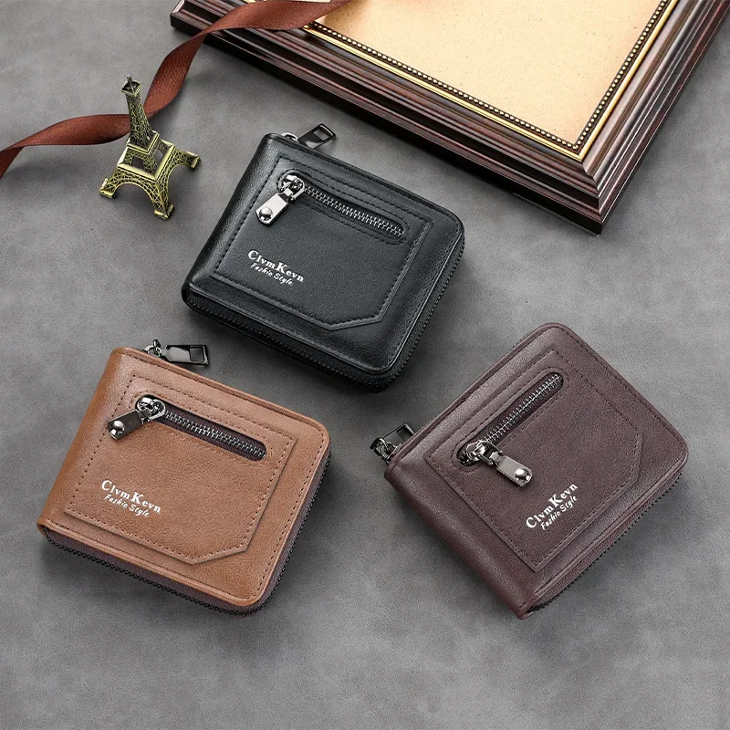 

Vintage Men's Wallet Short PU Leather - Retro Zipper ID Card Holder, RFID Blocking ，Daily Essentials