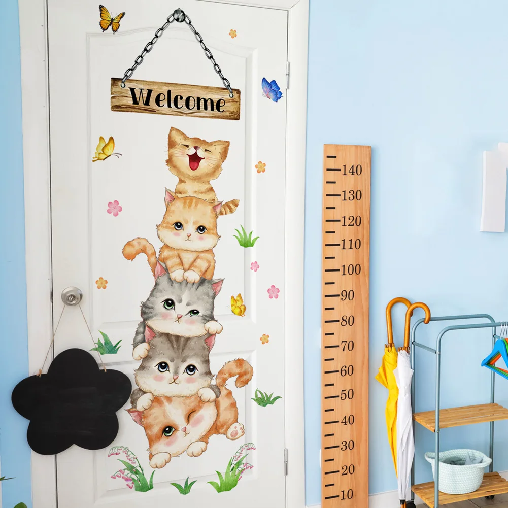 Autocollant Mural de bienvenue à cinq chats, papier peint auto-adhésif, décoration de porte de chambre d\'enfant, décoration de maison