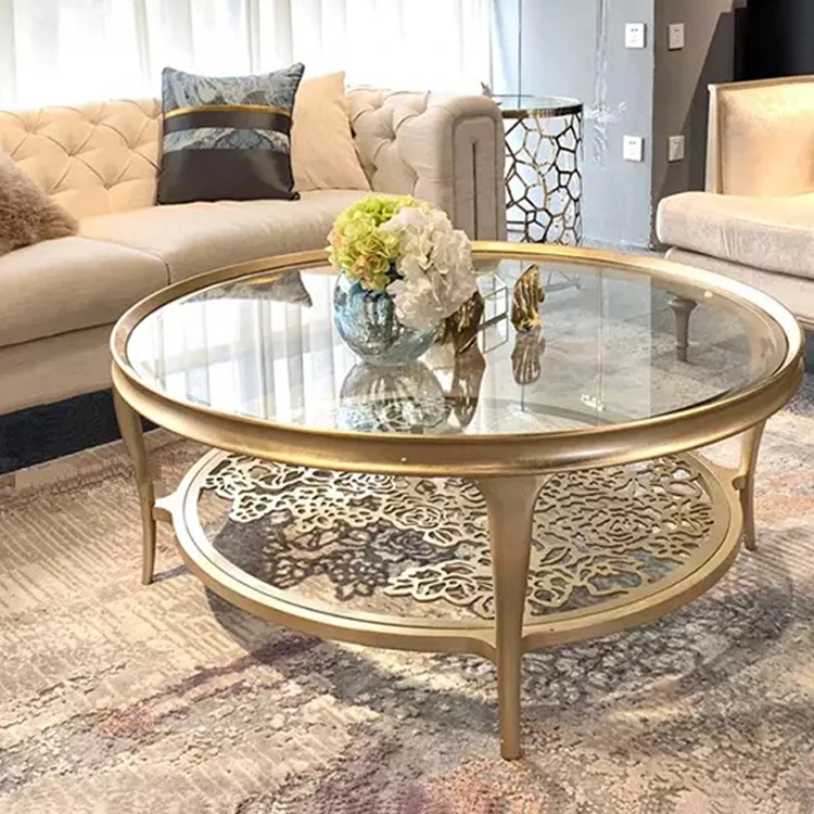 

American solid wood light luxury living room home coffee table 2025 new high-end French round modern simple glass tea table