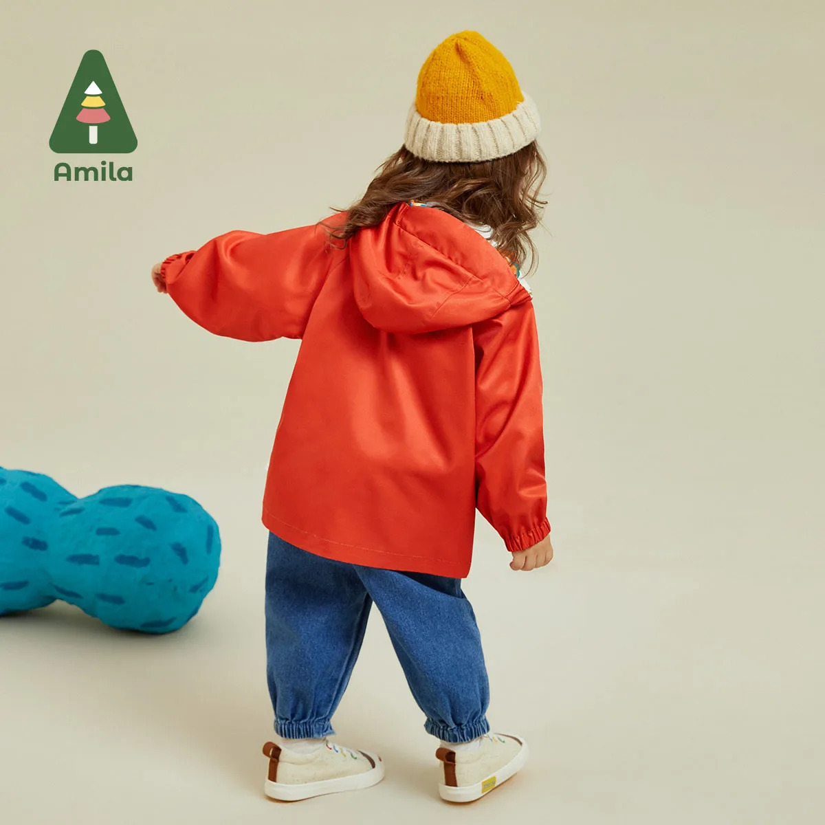 Amila Baby Jacket 2023 Autumn New  Theme Printing Rain Hat Brim Design Two Sided Dressing Girls Boys Cute Children Clothes