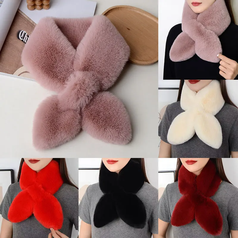 Winter Plush Cross Scarf for Women Thickened Warm Rabbit Fur Scarf Multifunctional Neck Protection Collar Fluffy Faux Fur Scarf