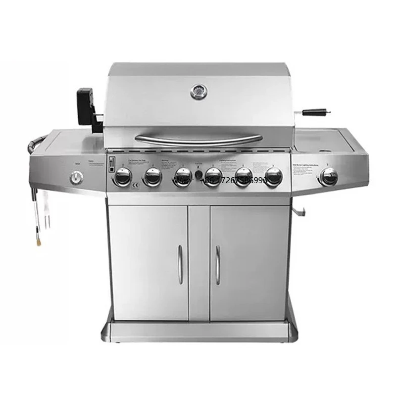 Stainless Steel 6 Burner Gas BBQ Grill Big Cooking Area Hotplate Modern Premium Design Adjustable Trolley Foldable Outdoor Use