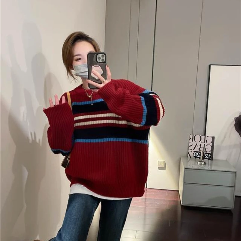 2024 Autumn/Winter New Design Fashionable Knitted Sweater Korean Edition Contrast Red Stripe Sweater