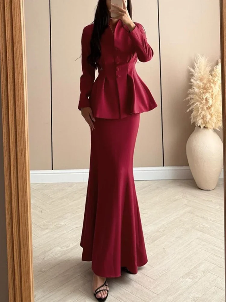 

Fashion Commute 2 Piece-Set Clothes For Women Autumn Solid Long Sleeve Tapered Waist Top And High Waist Long Mermaid Skirt
