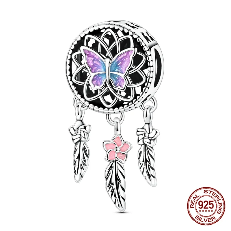 

100% 925 Sterling Silver Purple Butterfly Dreamcatcher Charm Beaded Fit Original Bracelet DIY Jewelry Making for Women's Gift