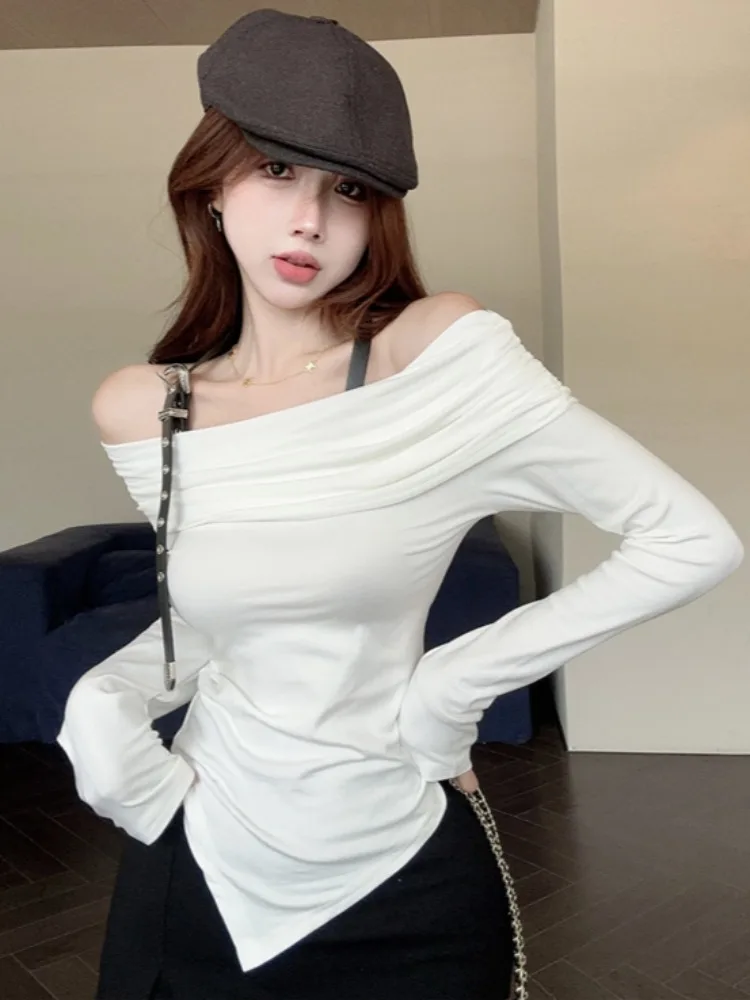 

Pure Desire Spicy Girl One Shoulder Top Women's Autumn Belt Hanging Neck Long Sleeve T-shirt Base Shirt Inner Design Sense