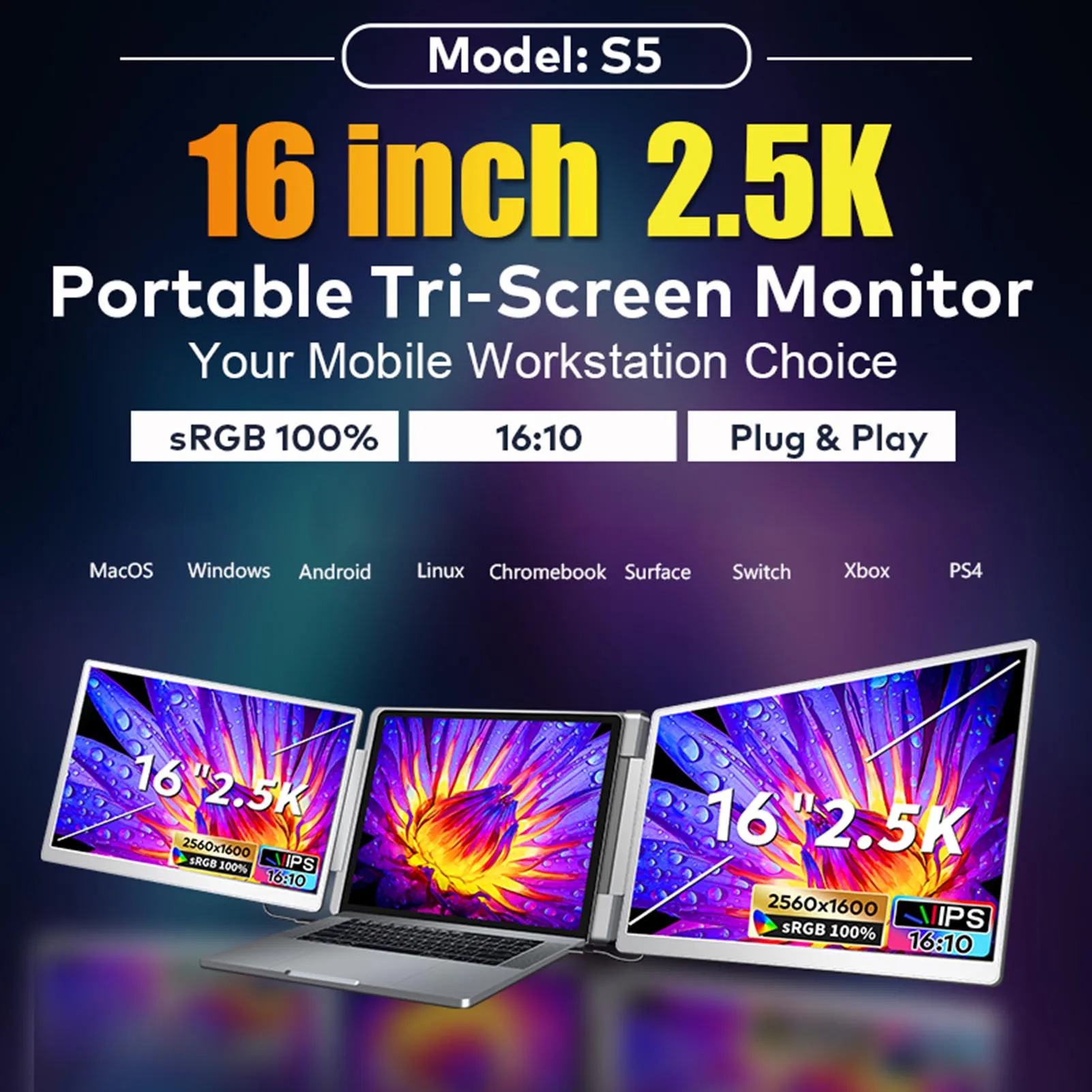 

S5 Laptop Screen Extender 16" 2.5K IPS Screen Triple Monitor for 12-18.5 Inch Laptop Foldable Rotatable Monitor Extender with Ki
