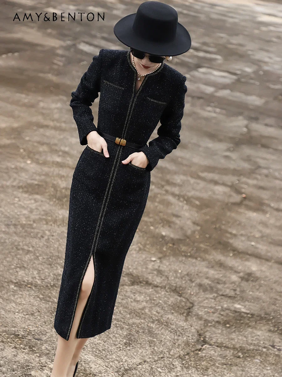 2024 Winter New Temperament High End Slim Black Tweed Hip Dress for Women Graceful Socialite V Neck Split Mid-length Dresses image 2
