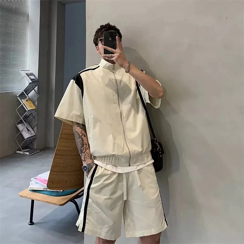 Men Color‑Block Tracksuit Summer Stand Collar Half Sleeve Zip Up Jacket & Stripe Shorts Casual 2‑Piece Outfit