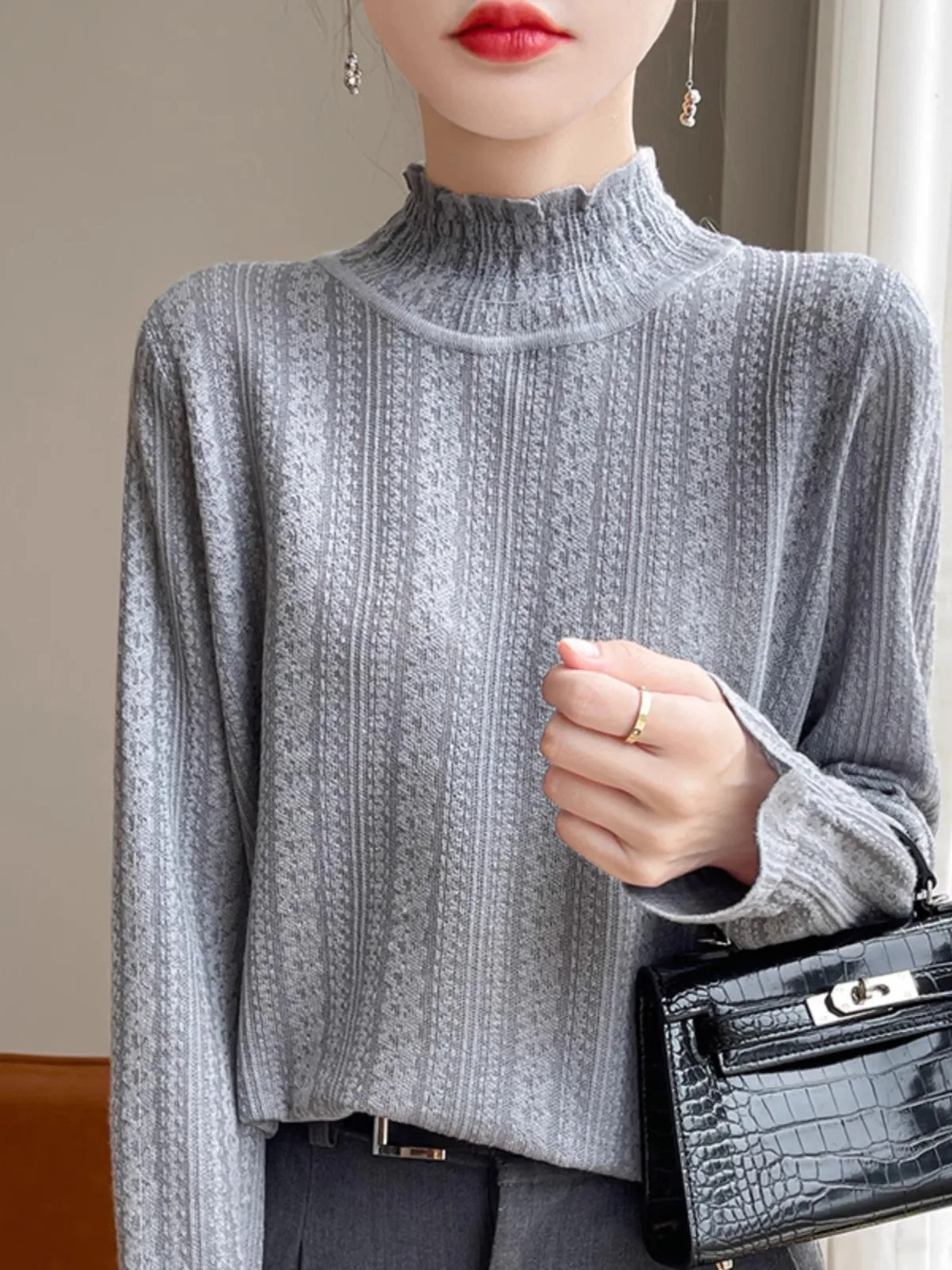 Ele Lace Base irt dames zoete dunne lange Sve f hoge kraag lange Sve top zacht ontwerp sensatie kleine fraan...