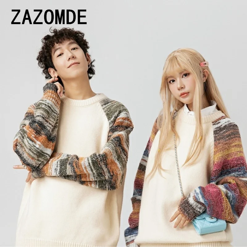 ZAZOMDE Raglan Sleeve Knit Men Women Panelled Crewneck Pullover Tops Japanese Couple Loose Jumper Autumn Unisex Sweater Knitwear