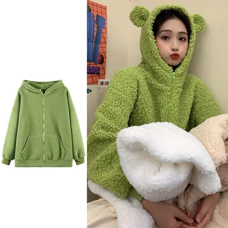 Autumn Winter Kawaii Frog Hooded Sweatshirt Zip-Up Plush Fleece Oversized Hoodies Women Thicken Warm Outwear Cute Animal Tops