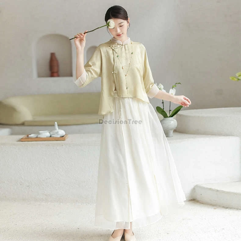 

2024 new improved chinese style tang dynasty loose two-piece set diagonal front buckle stand collar qipao top fairy gauze skirt