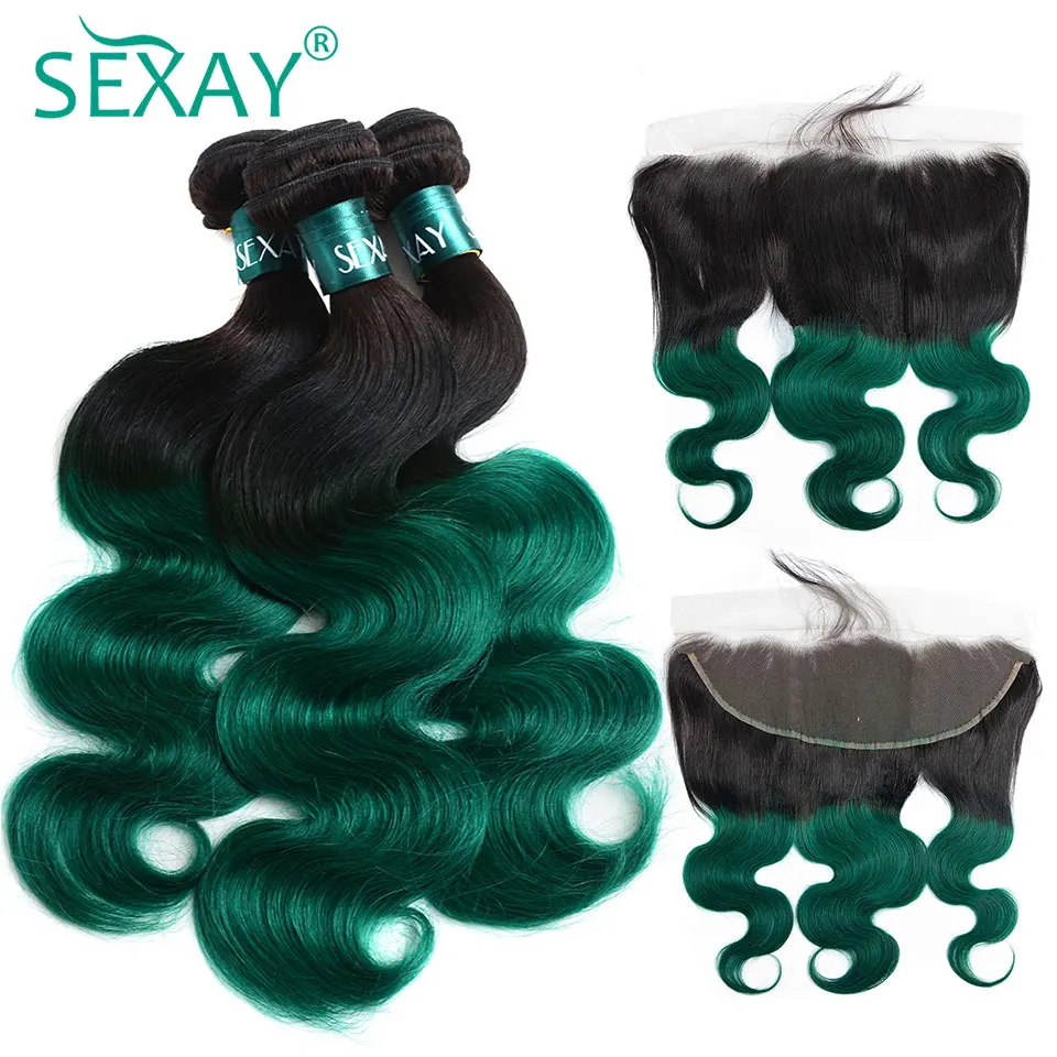 Ombre Green Bundles With Frontal Brazilian Body Wave Turquoise Color Human Hair Weave 3 Pcs With 13x4 Transaparent Lace Frontal