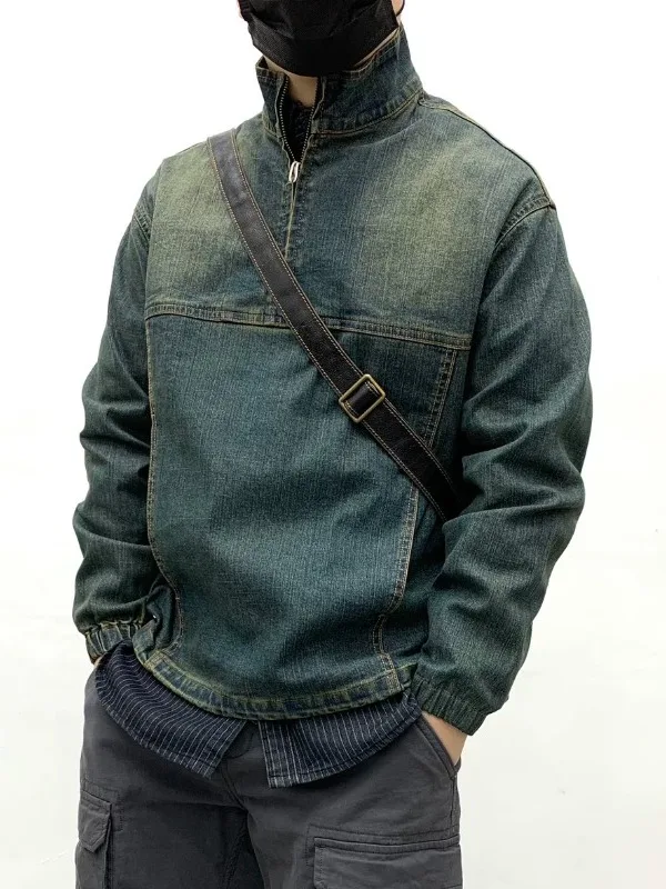 Washed Cotton Denim Jacket Loose Fit Overhead Men's Vintage Japanese Style Spring Autumn Workwear Stand Collar Outerwear