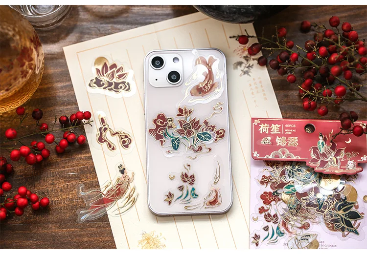 40pcs/bag Bronzing PET Sticker Chinese Ancient Cartoon Nostalgic Antique DIY Creative Hand Account Ledger Material Stickers