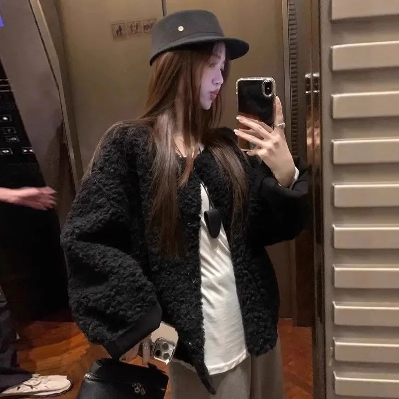 Корейская женская повседневная шуба с круглым вырезом, женская модная куртка из искусственного меха высокого класса, осенне-зимняя женская плюшевая верхняя одежда с длинными рукавами