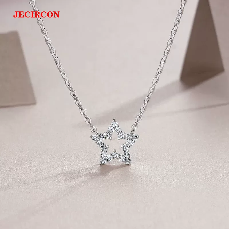 

JECIRCON Gorgeous S925 Sterling Silver Necklace with Full Moissanite, Embellished Hollow Pentagram Pendant, 24 Sparkling Stones