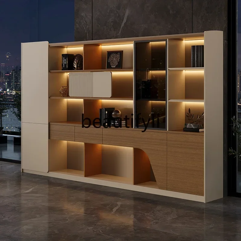 

zqxLocker with lighting information Large background bookcase Simple modern wood grain light luxury office file cabinet