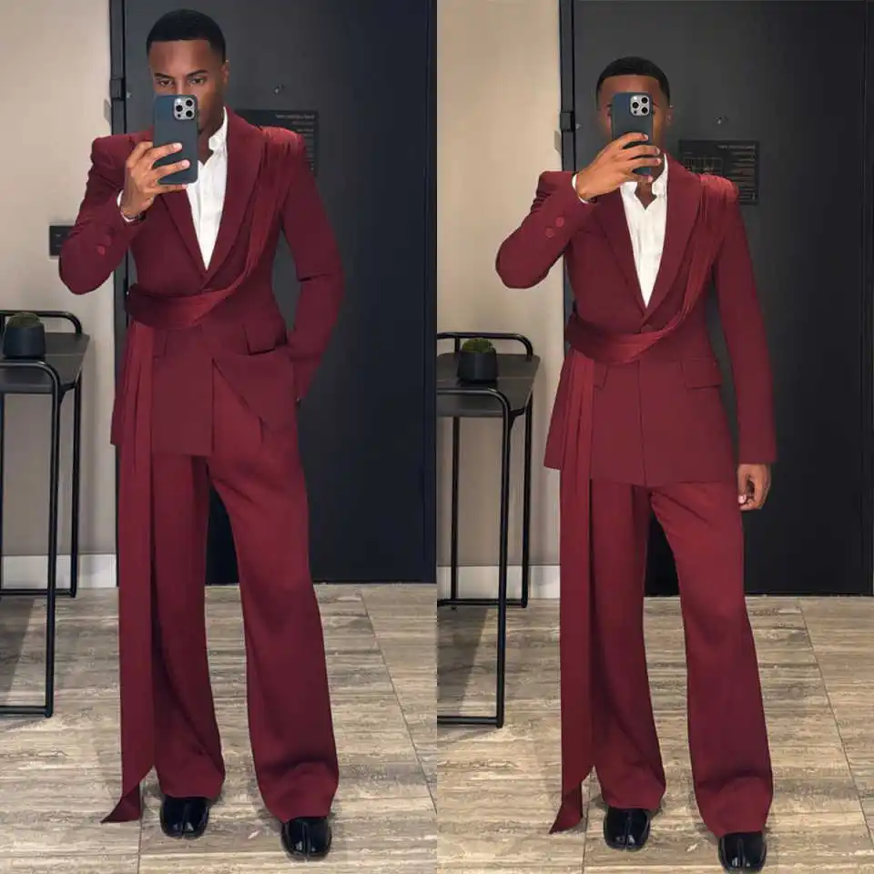 Dark Red Mens Tuxedos Double Breasted Groom Wear For Wedding Male Party Blazer Customized Streetwear 2 Pieces Pants Suits