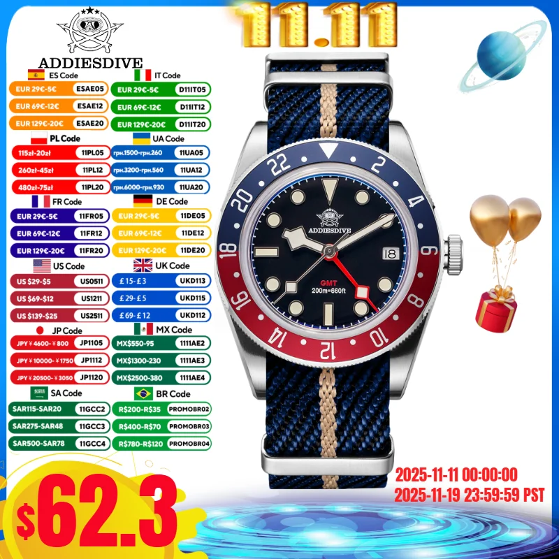 

ADDIESDIVE Мужские часы 200 м Водонепроницаемые часы GMT Relogios Masculino Bubble Mirror Glass BGW9 Супер светящиеся кварцевые часы