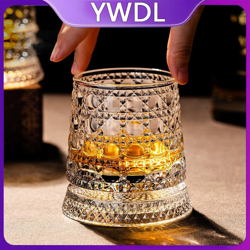 YWDL 360° Rotatable Whiskey Tumbler with Glass Base Embossed Crystal Whisky Glass Spinning Cup for Rum Cocktail Bar Party Gift