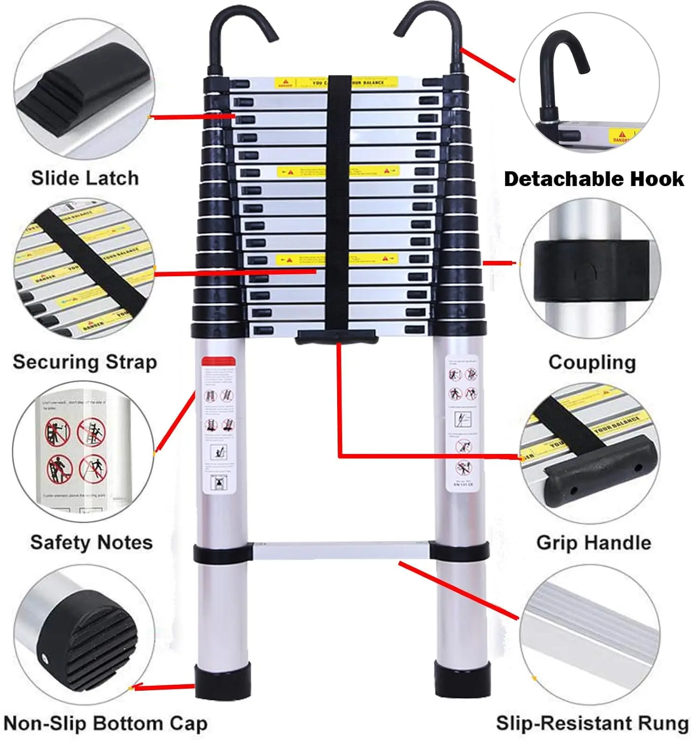 6.2M/20.3FT Extendable Aluminum Ladder Telescopic Loft Ladder Collapsible Step Ladders with Detachable Hook 150kg Capacity,EN131