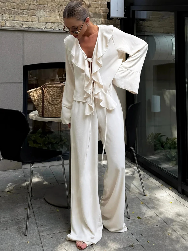 

Oniflyme Casual Wide-leg Pants Two Piece Set Women Long Sleeve Ruffled Lace Up Shirt High Waist Pants Suits New Female Outfits