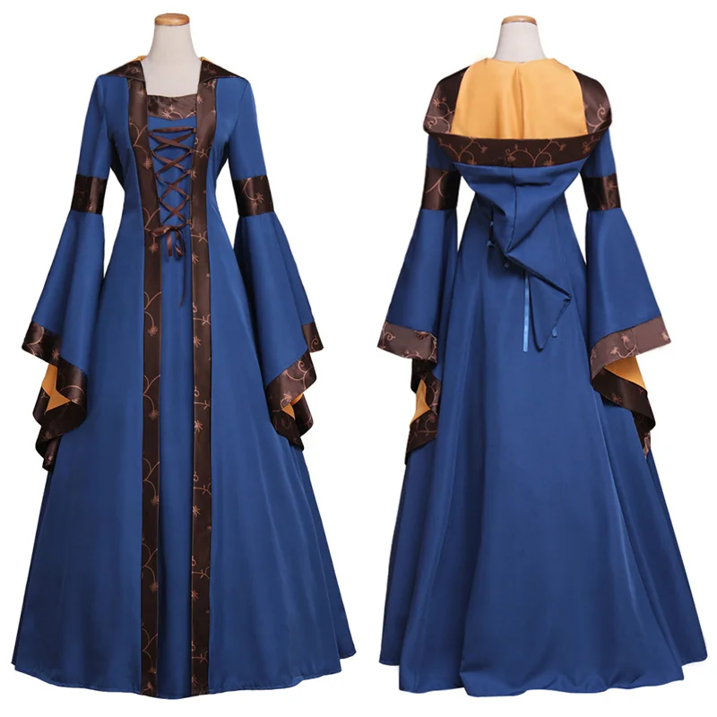 Medieval Renaissance Gothic Retro Women's Fall Cosplay Costume Princess Hoodie Bell Sleeve Dress  Robe Vampire Suit