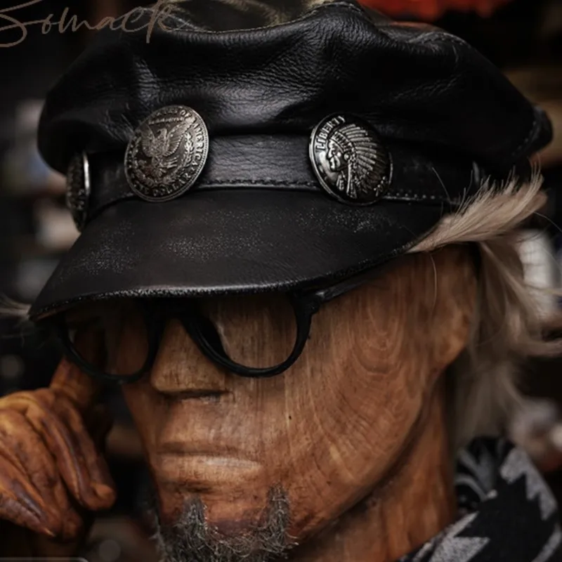 High Quality Handmade Men's Locomotive Captain Hat Top Layer Cowhide Leather Vintage Distressed Beret