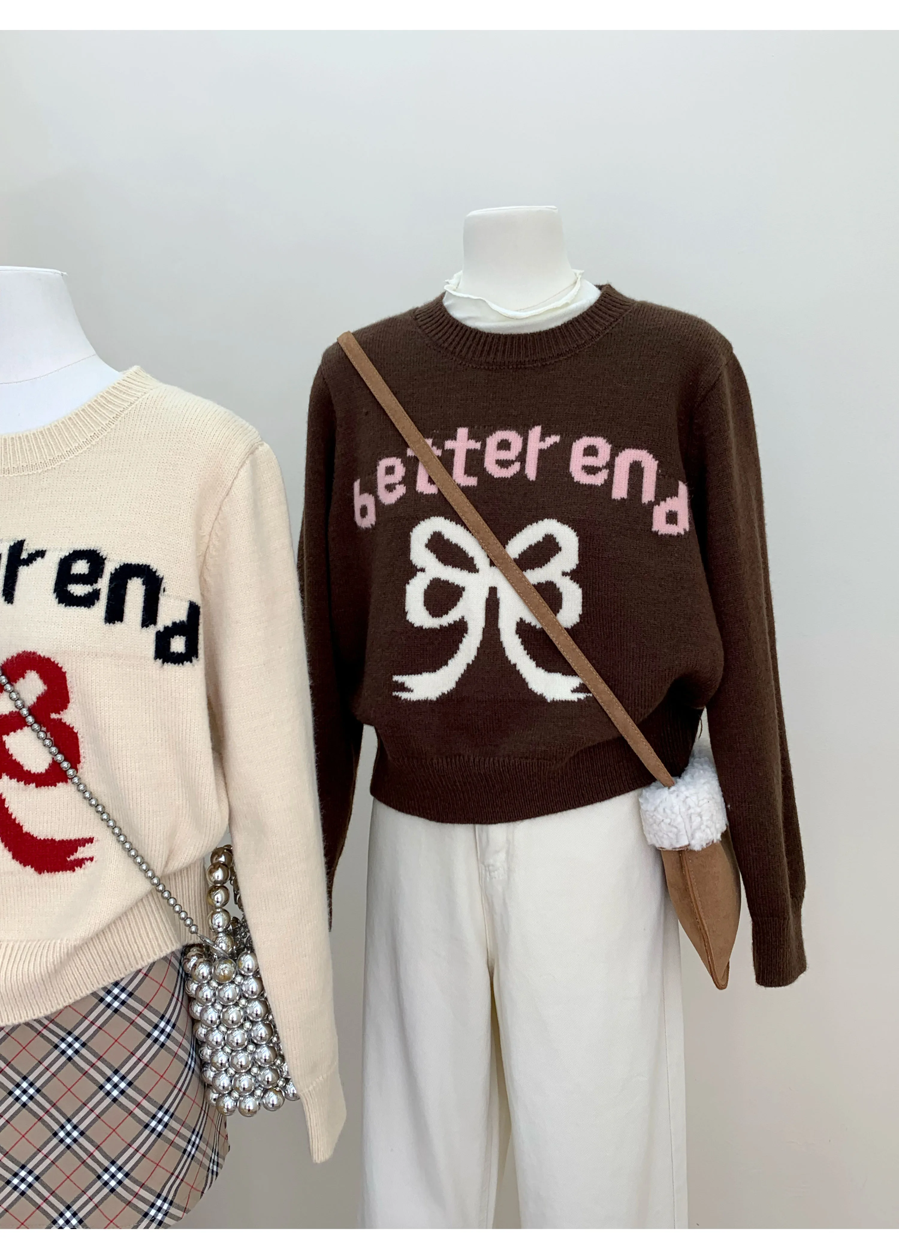 Gagarich Japanese Letter Bow Jacquard Pattern Round Neck Coffee Colored Sweater Women Autumn Winter Loose Slim Knitted Pullover