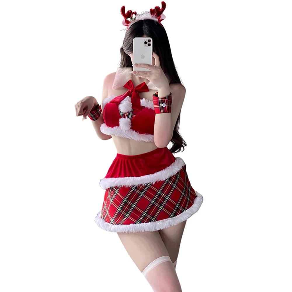 Kerst Nieuwjaar Nepbont Rand Sweet Xmas Party Kostuum Elanden Hoofdband + Bontkraag + Tube Top + Geruite Rok Santa Cosplay Pak