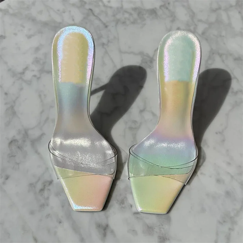 

Gradient Color Square Toe Women Sandals Slip-on Slippers Thin Super High Heel Slight Color Summer Holiday Shoes Casual Fashion