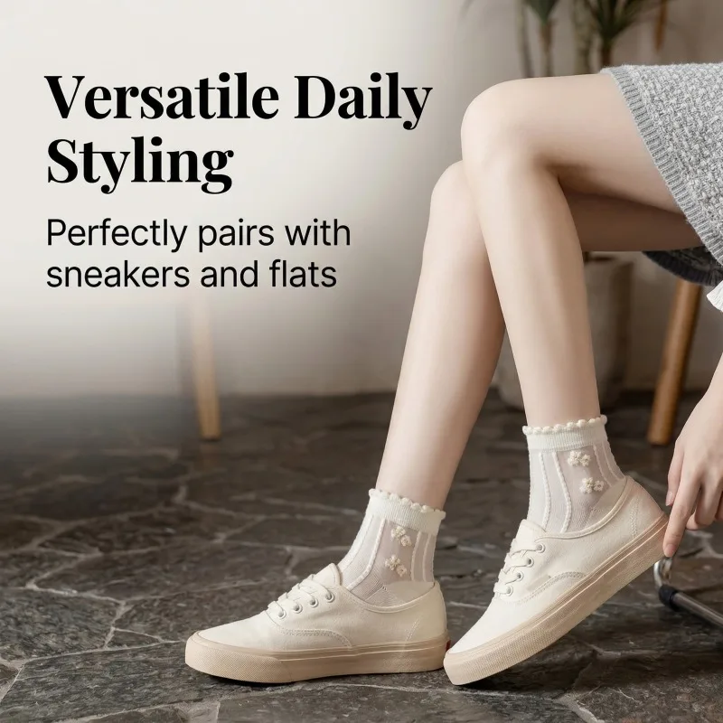 Vintage Lace Mesh Ankle Socks for Women, Breathable Floral Embroidered Cotton Socks for Summer Daily Wear Half Socks for Ladies image 2