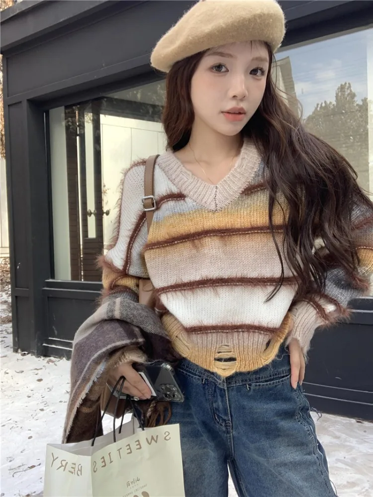 Women Striped Pullover Knitted Sweater 90s Aesthetic Harajuku Long Sleeve Sweater Y2k 2000s Vintage Fashion Clothes 2024