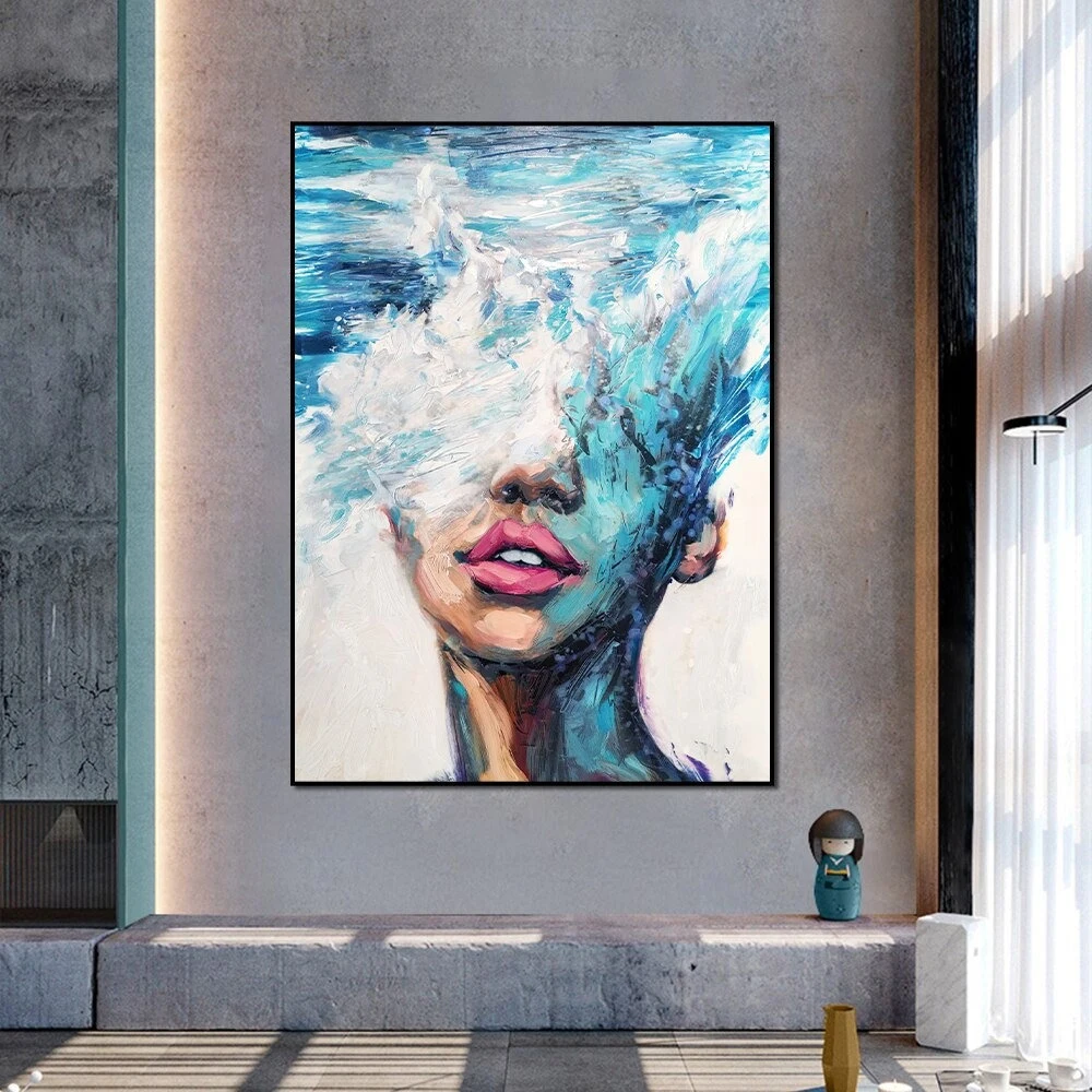 

Hand Painted Oil Painting Abstract Portrait Wall Art Hand painted Light Blue Girl Oil Paintings On Canvas For Home Decoration