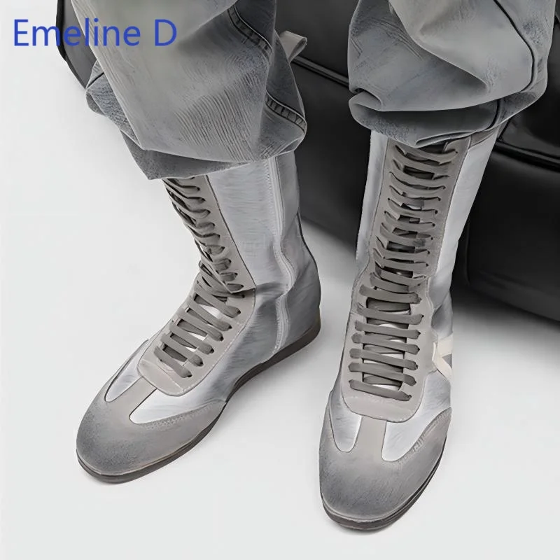 Mens Tall Combat Boots Spliced Leather Upper Multi Eyelet Lace Up Side Zip Flat Bottom Retro Punk Daily Wear Knee High Boots