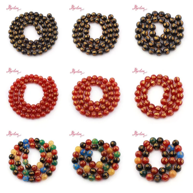 6/8/10mm Carved Tibetan Round Black Red Multicolor Agate Mala Buddish Natural Stone 15 inches for DIY Accessories Jewelry Making