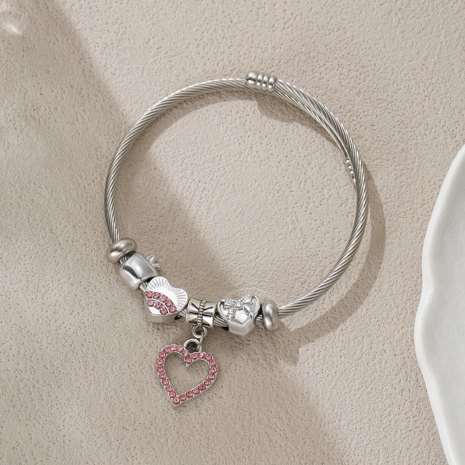 Silver Tone Charm Bangle with Pink Heart Pendant for Women