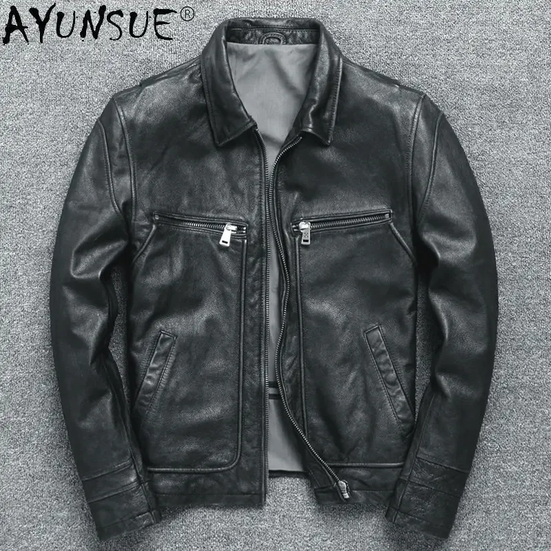 AYUNSUE Genuine Leather Jacket Men Autumn Real Cow Leather Mens Jackets Vintage Short Leather Coat Chaqueta Cuero SGG