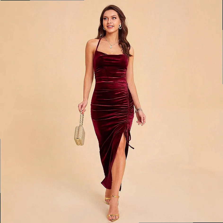 Dress Velvet Slit Ruched Sling Evening Gown Dresses Spring Summer