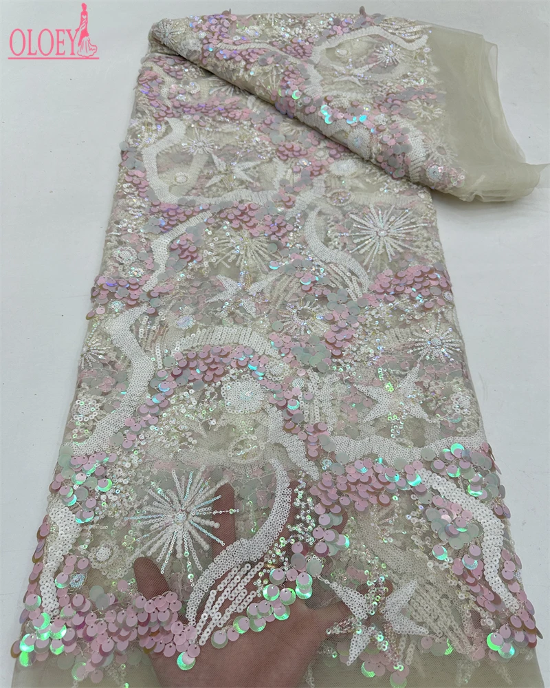 

OLOEY High Quality Fashion French Embroidery Sequin Lace Fabric African Nigerian Lace Fabric For Wedding Dress