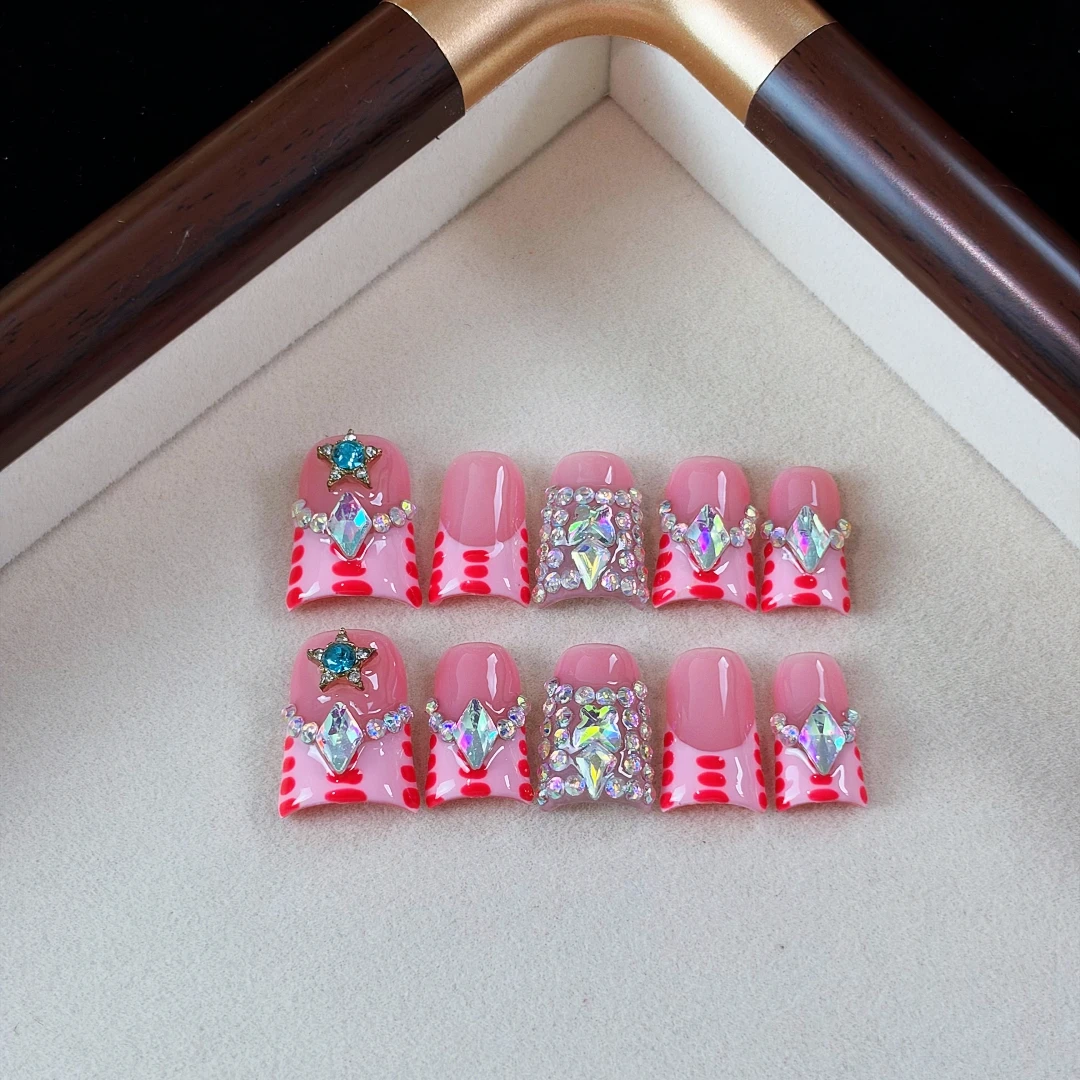 10pcs High-end Sweet and cool style, hand-painted spot patterns, five-pointed star diamonds, stacked diamonds handmade fake nail
