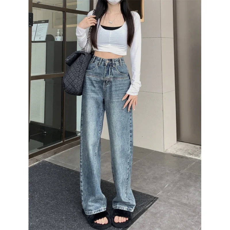 

Cross-border vintage women's jeans for spring2024New high-waisted slimming design wide-leg pants, straight-leg trousers, trendy